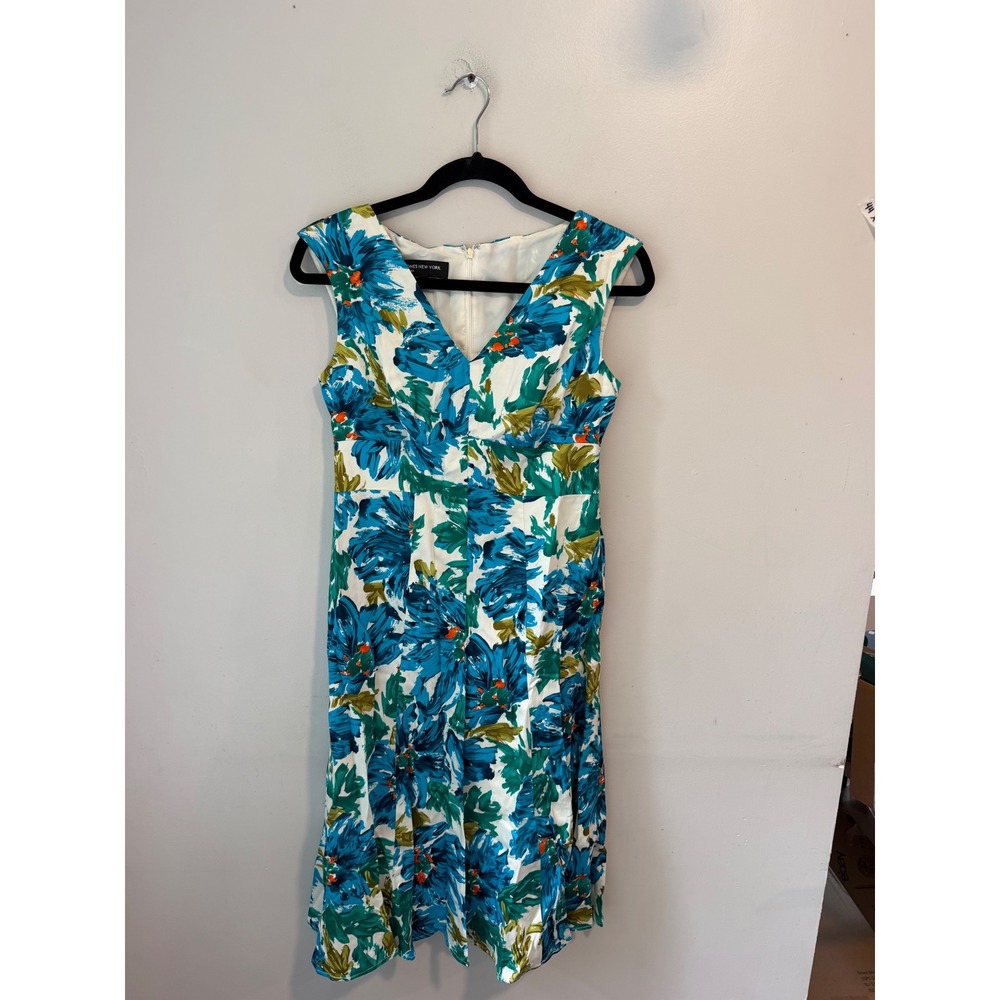 Jones New York Dress Womens 4 Blue Green Floral V-Neck Sleeveless Fit Flare A-L